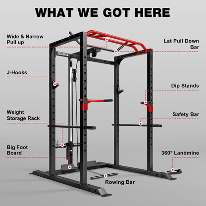JELENS Power Cage, 2000LBS Multi-Function S11 Power Rack with LAT Pulldown, Squat Rack with Pulley System and More Training Attachments, Weight Workout Machine for Home Gym (Weight Bench Package)