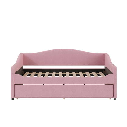 Jintop Teddy Fleece Full Size Upholstered Daybed with LED Light and Trundle,Modern Wood Platform Bed W/Side Stripes,Easy Assembly,for Bedroom,Living Room,Guestroom,Pink