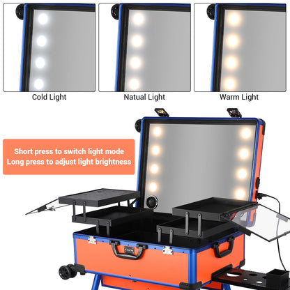 Aiborke Rolling Makeup Train Case with Lighted Mirror and Bluetooth Speaker Professional Cosmetic Organizer Case with Wheels, Stands Portable Makup Station Vanity for Travel (Orange, Medium)