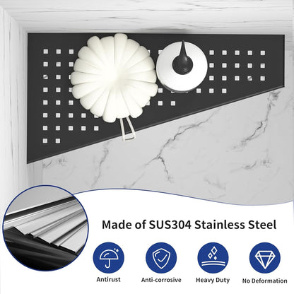 12" 304 Corner Shower Shelf, Matte Black Trapezoid Grout in Shampoo Shelf, Stainless Steel Grid Design Recessed