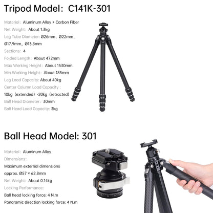FALCAM TreeRoot Lite F38 Quick Lock Carbon Fiber Travel Tripod with Ball Head Load Capacity 3kg/6.6lbs, Max Vertical Payload 40Kg/88lbs for Cameras (C141K-301)