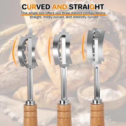 PHILORN 2pcs Set Bread Lame with 10 Stainless Steel Blades, Finger Sleeves and Protective Cover - Sourdough Razor Scorer with Straight & Curved Scoring Knife - Ergonomic Wooden Handle Gift for Bakers
