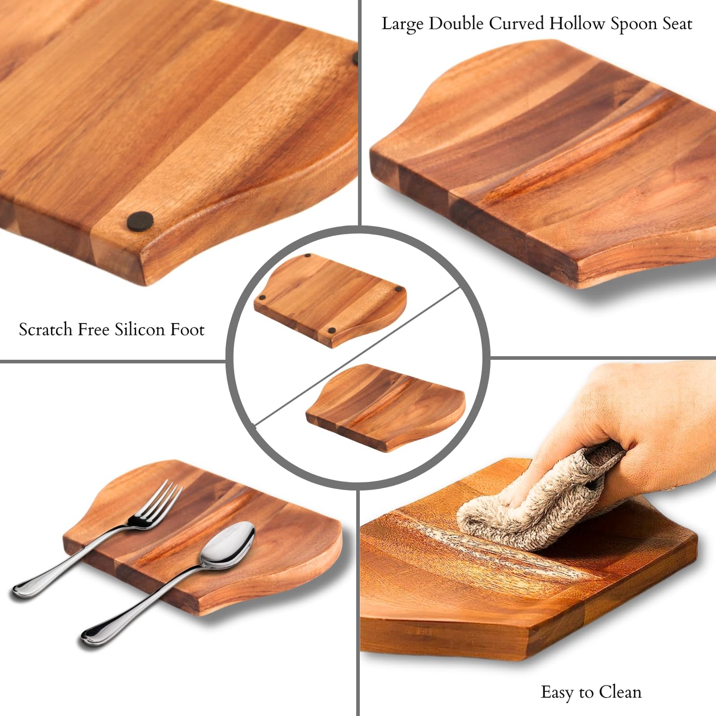 Acacia Spoon Rest For Stove Top with Non Slip Silicone Feet Stove Spoon Holder For Kitchen Counter, Double Sided kitchen Spoon Rest, Cooking Spoon Holder Spatula Rest Handmade Wooden Spoon Rest