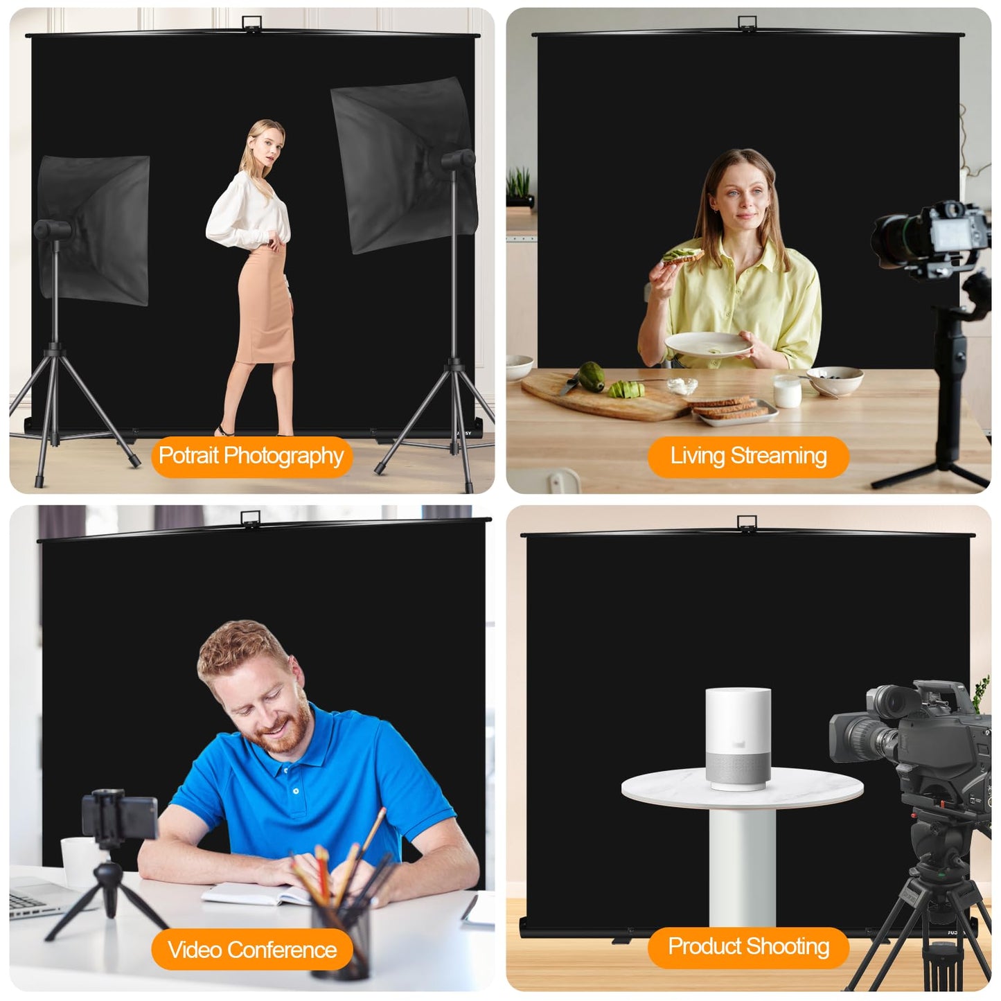 FUDESY 78.7 x 90in Large Collapsible Black Backdrop Screen Portable Retractable Panel Wrinkle-Resistant Pop Up Photo Background with Stand for Streaming, Video Conference, Photographic Studio