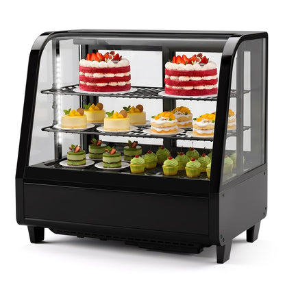 Commercial Cake Display Refrigerator, 100L Countertop Curved Glass Cooler with LED Light, Digital Thermostat, Frost-Free Pastry Showcase, Tempered Glass & Rear Sliding Doors for Bakery/Cafe/Home