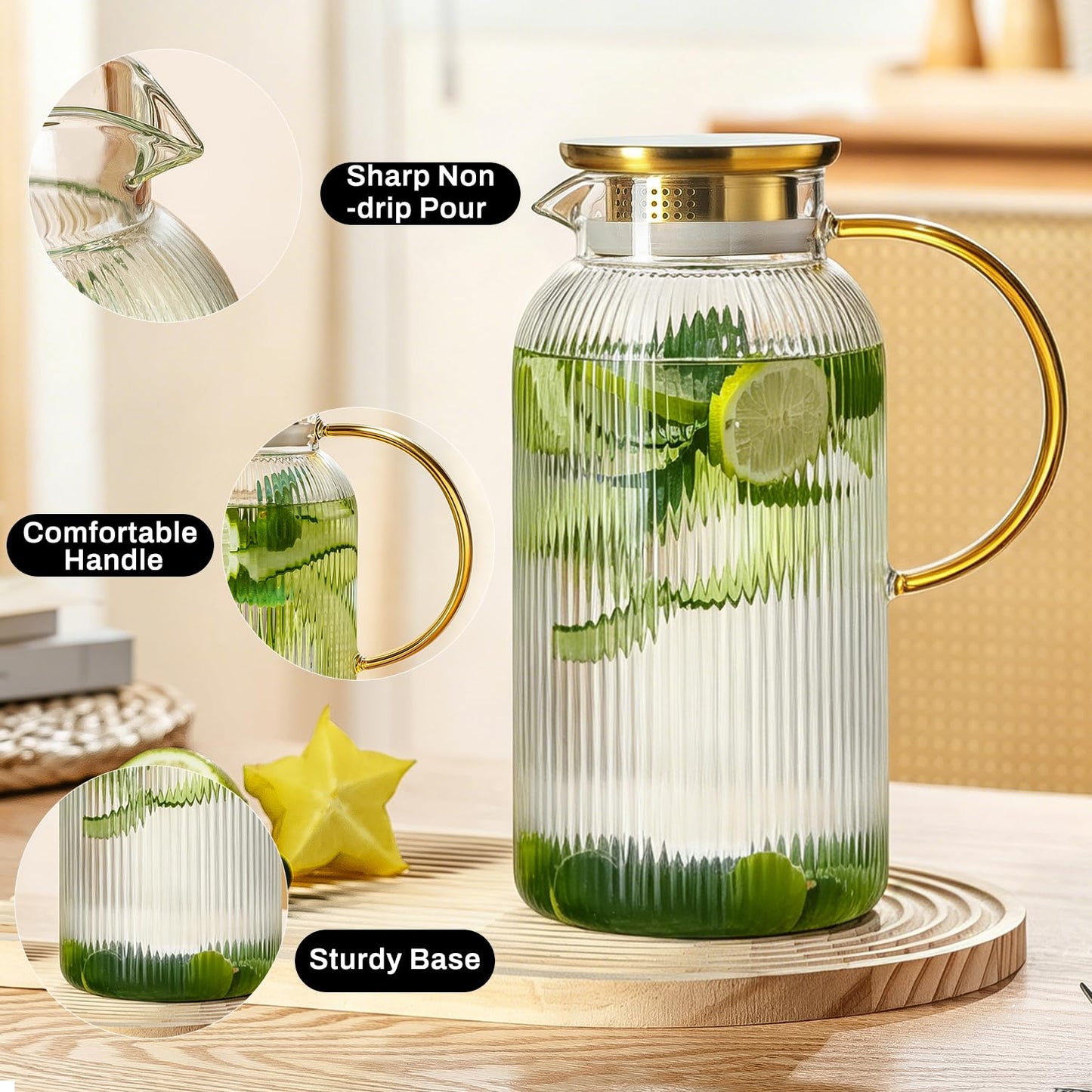 Buaic 2 PACK Glass Pitcher with Lid, 68oz/ 2 Liter Classic Vertical Stripes Water Pitcher with Handle,Glass Water Carafe for Cold Brew, Coffee, Lemonade, Iced Sun Tea,Beverage,Heat Resistant