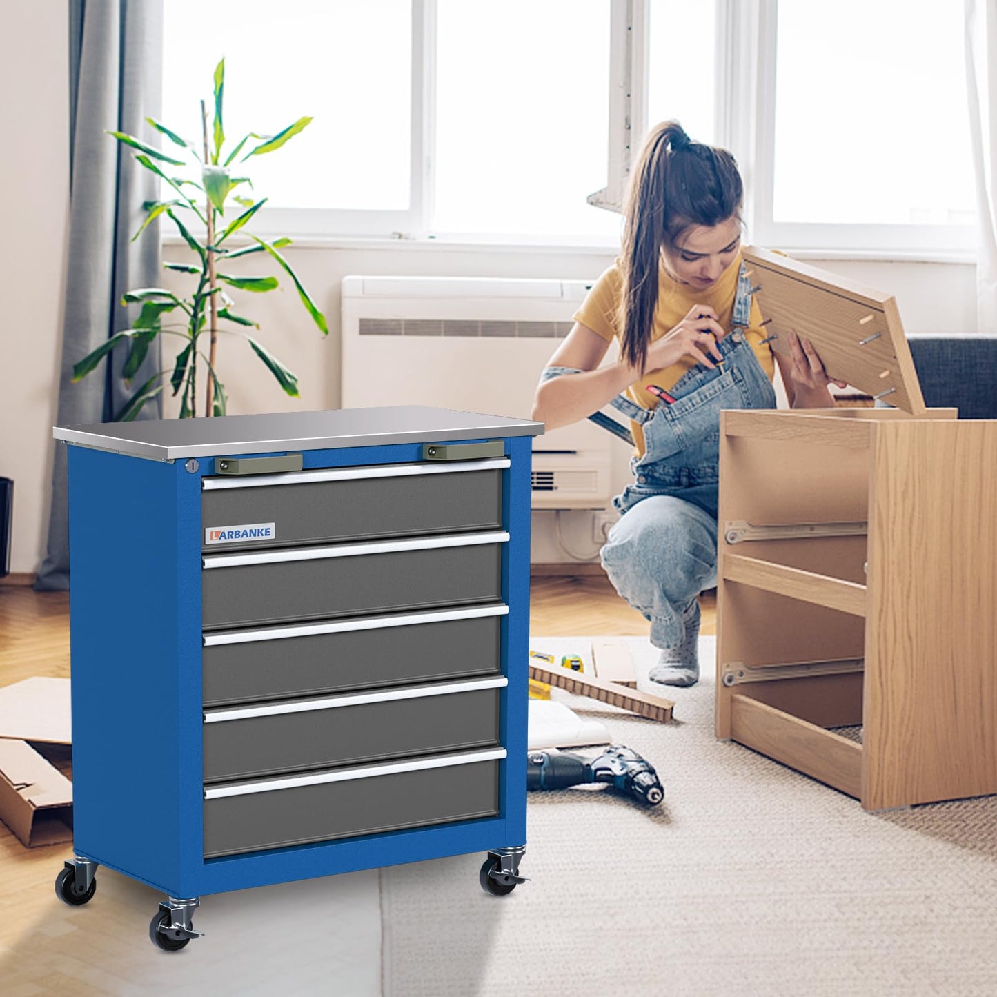 LARBANKE 5-Drawer Rolling Tool Chest,Tool Cabinet on Wheels with Keyed Locking System and Drawer Liners,Tool Chest with Link Buckle and can be Combined to Large Cabinet Set,for Warehouse,Garage