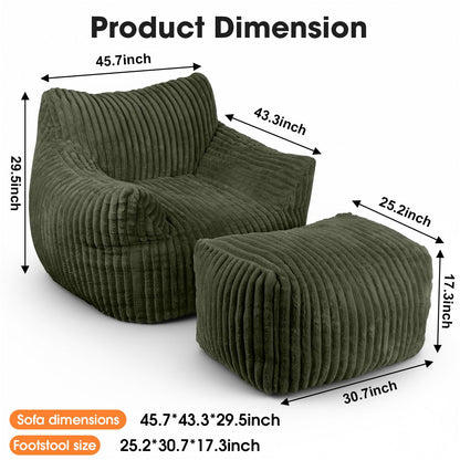 HarborHue Giant Bean Bag Chair with Ottoman, Oversized Memory Foam Bean Bag Sofa for Adults and Kids, Large Comfy Fluffy Single Lounges Mini Couch for Living Room, Bedroom & Dorm(Green)