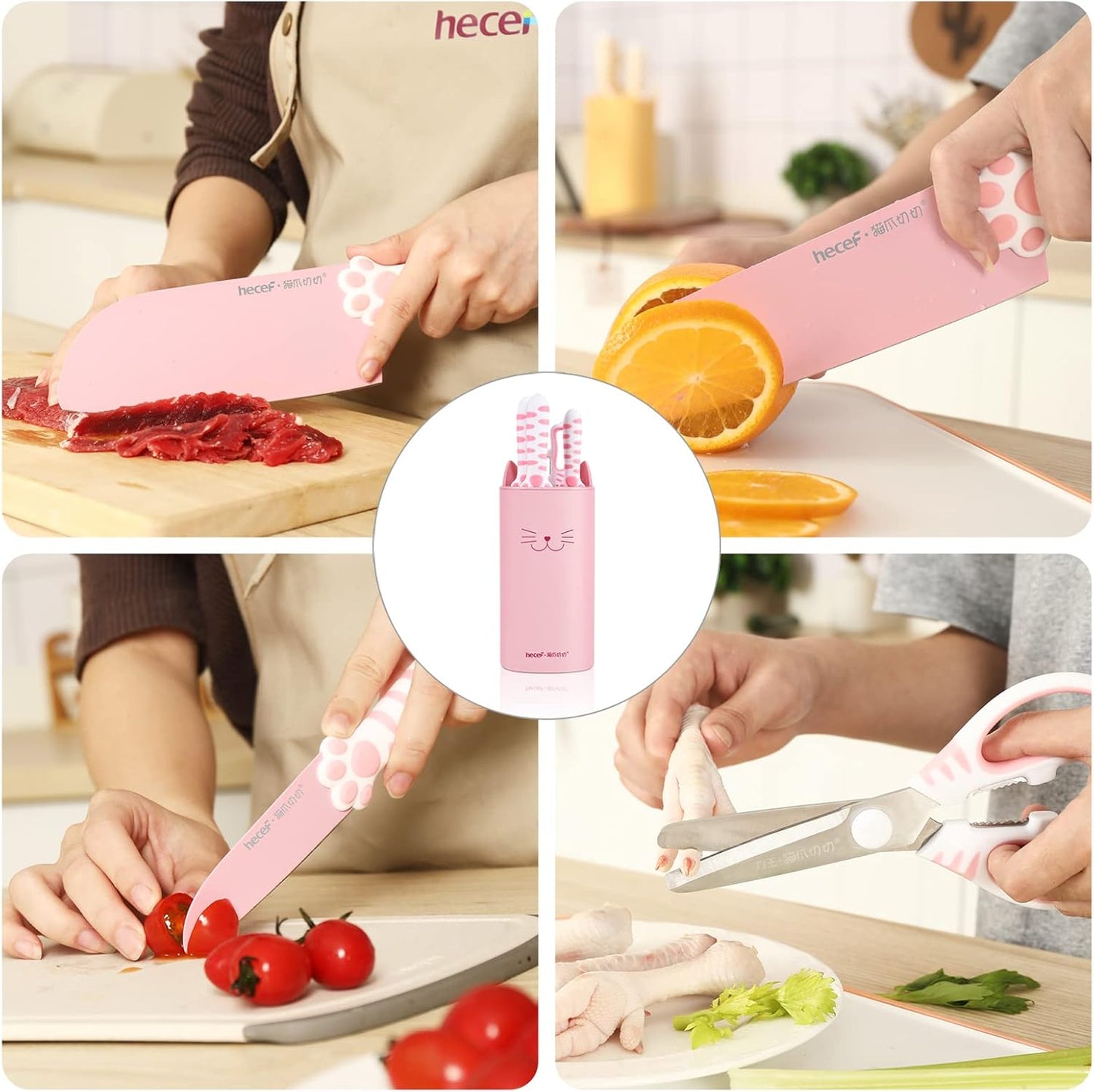 hecef Cute Kitchen Knife Set, 5-Piece Non-Stick Knives Set with Detachable Block and Scissors, Pink