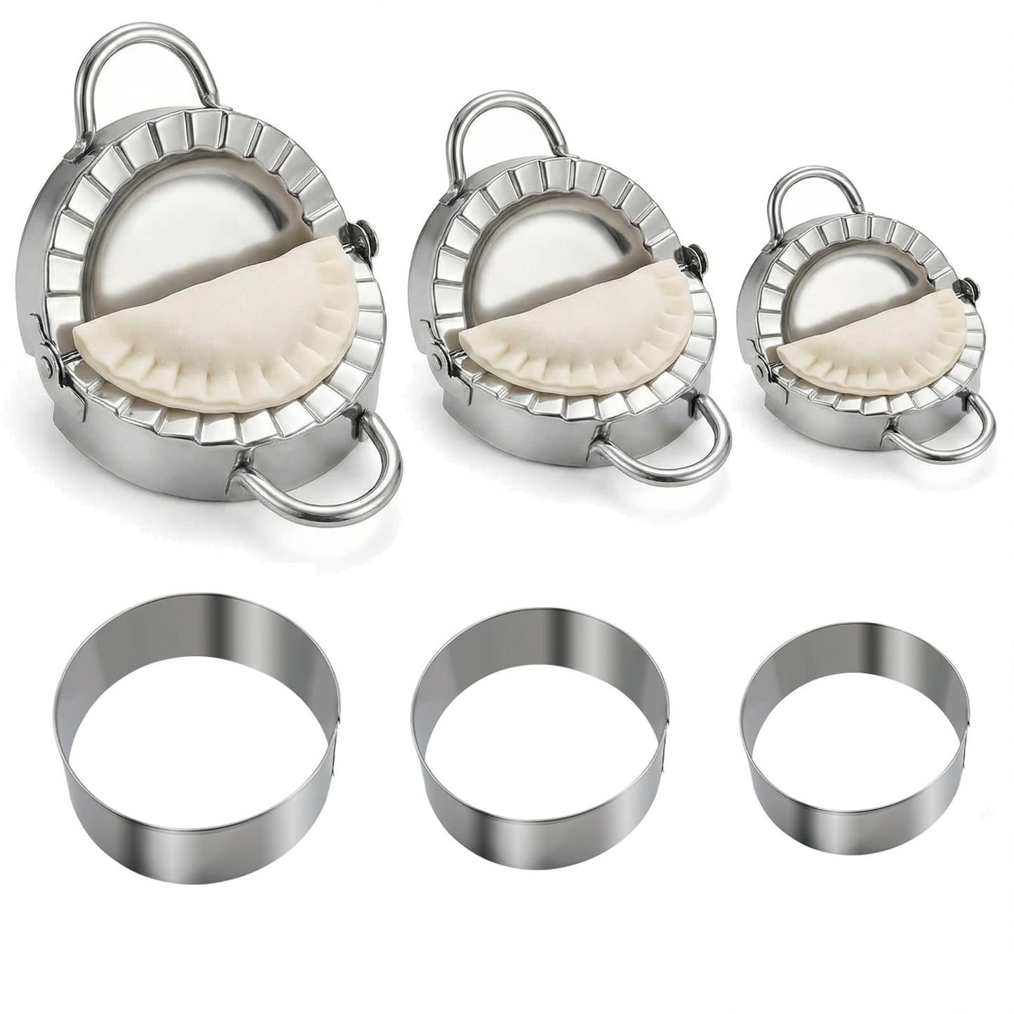 304 Stainless Steel Dumpling Maker Set - Professional 6-Piece Dumpling Press & Empanada Mold Kit (2.9", 3.3", 3.7") Heavy Duty Rust-Proof Pierogi Maker for Gyoza & Ravioli Dishwasher Safe