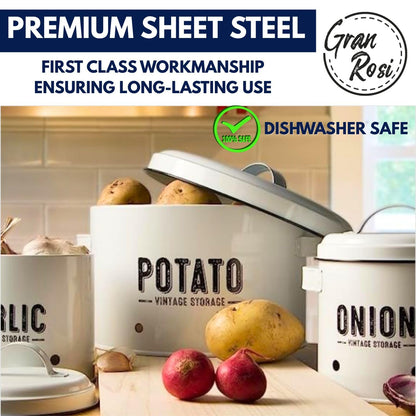Granrosi Kitchen Vegetable Storage Set for Pantry & Countertop — Set of 3 Kitchen Containers Including Potato Bin, Onion Keeper & Garlic Storage; Rustproof Metal & Aeratic Holes; Farmhouse Style