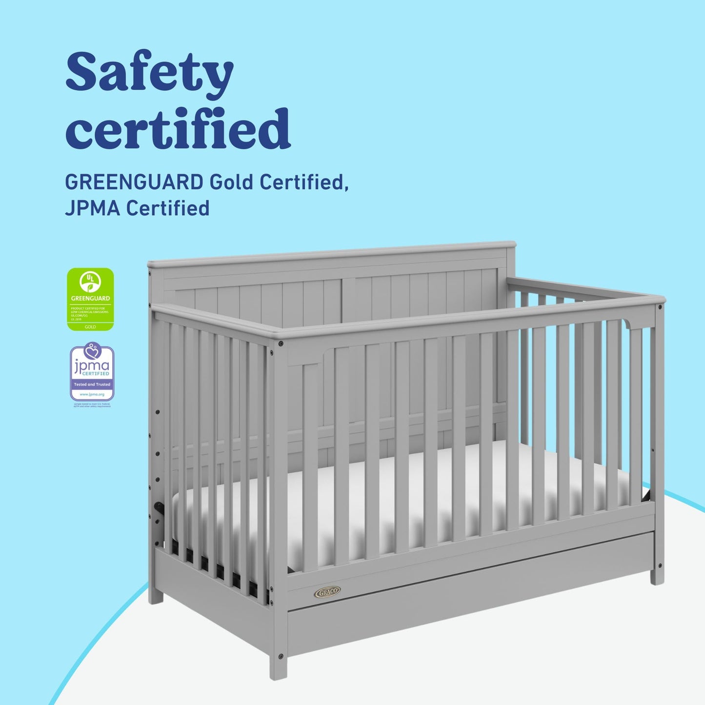 Graco Hadley 5-in-1 Convertible Crib with Drawer – GREENGUARD Gold Certified, Fits Standard Crib Mattress, Converts to Toddler Bed, Daybed and Full Bed, 4 Adjustable Mattress Heights (Pebble Gray)