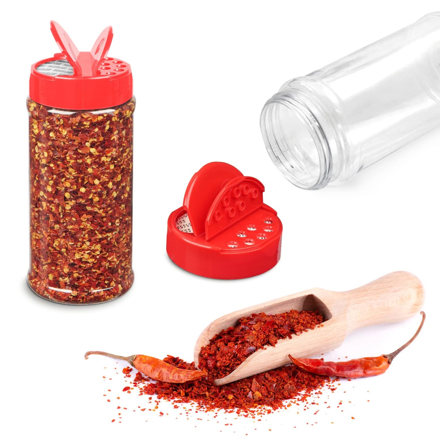 RoyalHouse 6 Pack 16 Oz Plastic Spice Jars with Red Cap, Clear and Safe Plastic Bottle Containers with Shaker Lids for Storing Spice, Herbs and Seasoning Powders, BPA Free, Made in USA