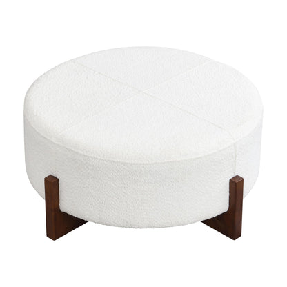 Christopher Knight Home Holmes Modern Boulce Upholstered Ottoman Coffee Table, Wooden Round Cocktail Ottoman, Large Living Room Sofa Footstool/Footrest, White+Walnut