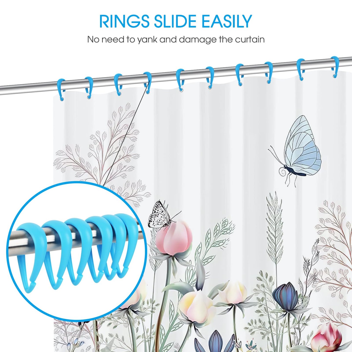 Top-spring Light Blue Plastic Shower Curtain Hooks Rings - 12 Pcs Drop Shaped Sky Blue Shower Hooks for Curtain Bathroom Shower Rod