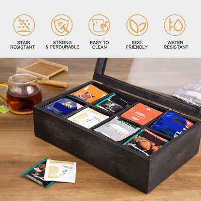 Alsonerbay Wooden Tea Box Tea Bag Holder Kitchen Storage Chest Box for Spice Pouches and Sugar Packets with 8 Compartments and Glass Window Weathered Black