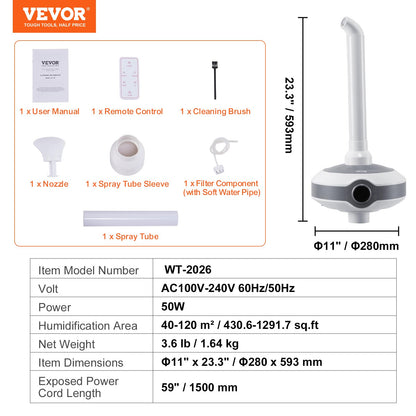 VEVOR Humidifier for Home Large Room, Commercial Humidifier for Whole House 1291.7 sq ft, 16L Water Tank & Night Light & 12h Timer & Auto Shut-Off, Greenhouse, Commercial Branch Tube w/ 360° Nozzle