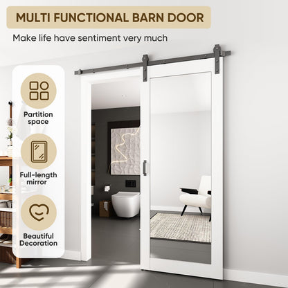 BARNSMITH 32in x 84in Mirror Barn Door with 5.5FT Sliding Door Hardware Kit Included, 1 Lites Full Length Mirror Door, Solid Wood Water-Proof PVC Surface,No Assembly Required,White