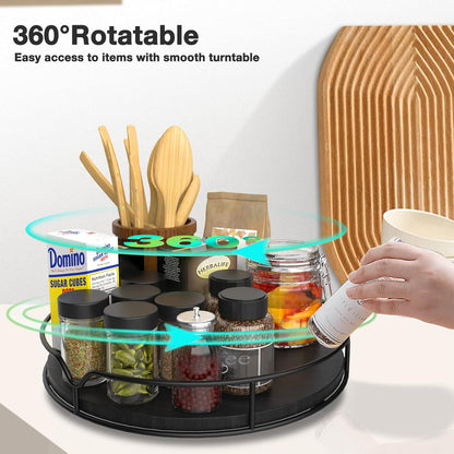 Lazy Susan Turntable Organizer for Cabinet Pantry - Kitchen Countertop Refrigerator Cupboard, Pine Wood, 9", Black