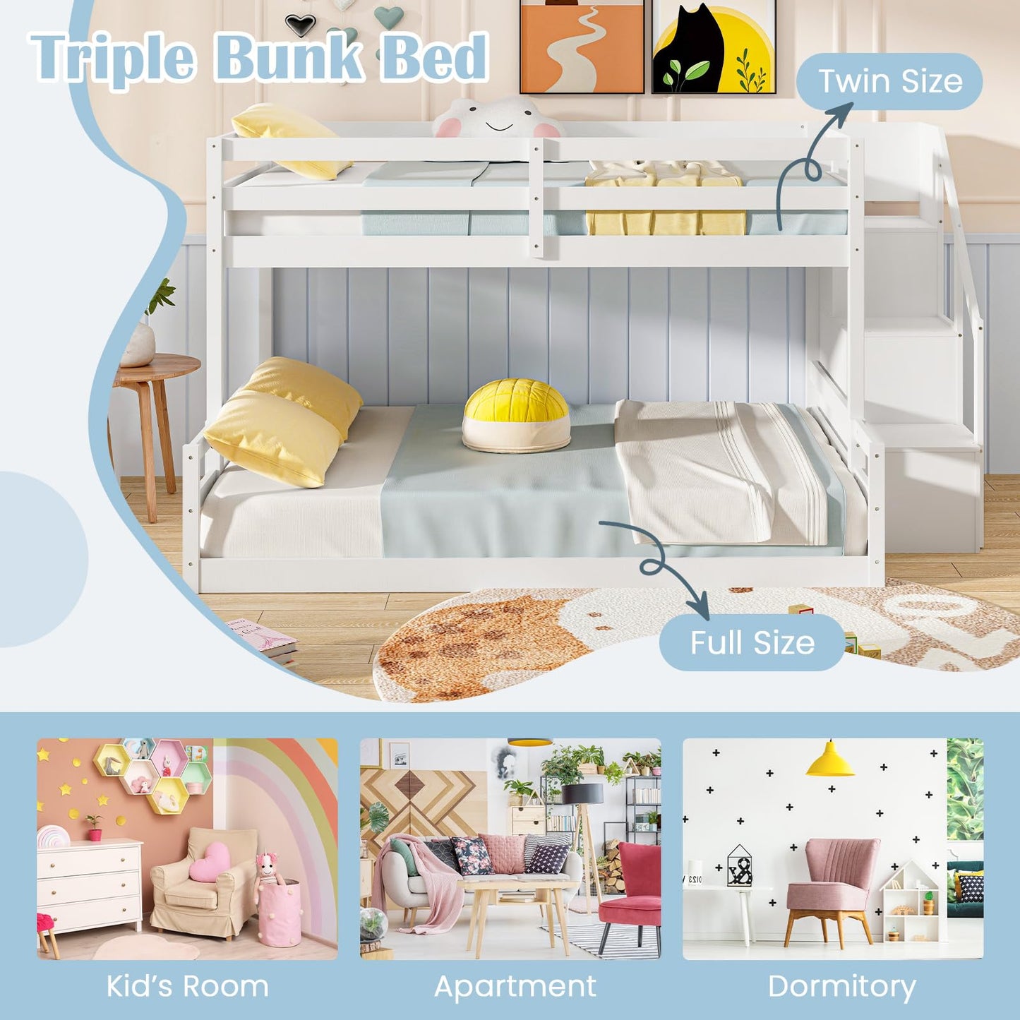 Giantex Twin Over Full Bunk Bed with Stairs, Solid Wood Floor Bunk Bed with Storage Staircase & Full-Length Guardrails, Low Bunk Bed with for Kids, Teens, Adults, Dorm, Small Space, White