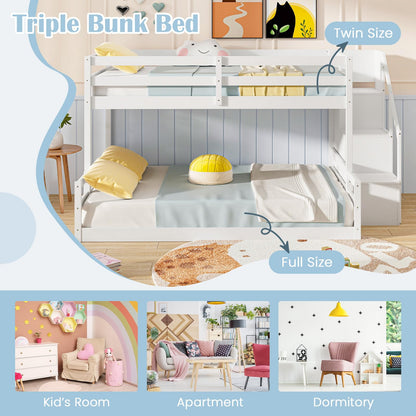 Giantex Twin Over Full Bunk Bed with Stairs, Solid Wood Floor Bunk Bed with Storage Staircase & Full-Length Guardrails, Low Bunk Bed with for Kids, Teens, Adults, Dorm, Small Space, White