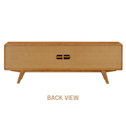 NTC Sapa Mid-Century Modern Solid Wood TV Stand 4-Door Media Console with Carved Geometric Fronts for TVs up to 75", Effortless Assembly, Teak Look