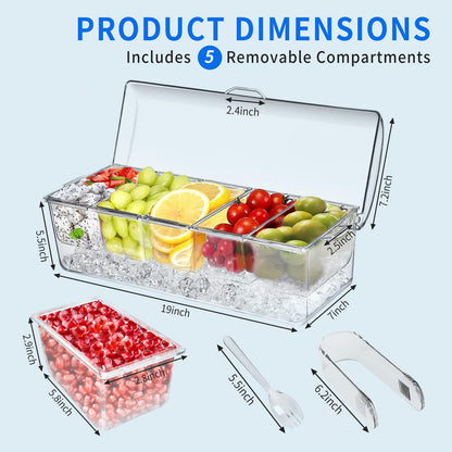 Large Ice Chilled Condiment Caddy，Chilled Condiment Containers Server with Lids for 5 Removable Compartments (2.5 cup)，Serving Platters, Fruit & Garnish Tray for Party Supplies & Bar Accessories