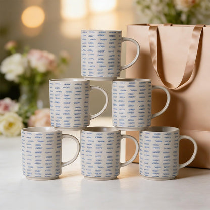 ALOFMO Coffee Mugs Set of 6, 17oz Ceramic Mugs with Handpainted Blue Gray Stripe Pattern, Modern Stackable Coffee Cups, Dishwasher and Microwave Safe Mugs for Home & Office