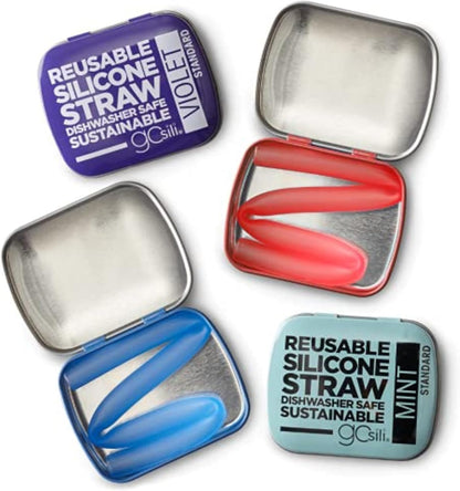 GoSili 4 Pack Reusable Silicone Straws with Case, Flexible, Collapsible, Dishwasher Safe, No-brush Needed