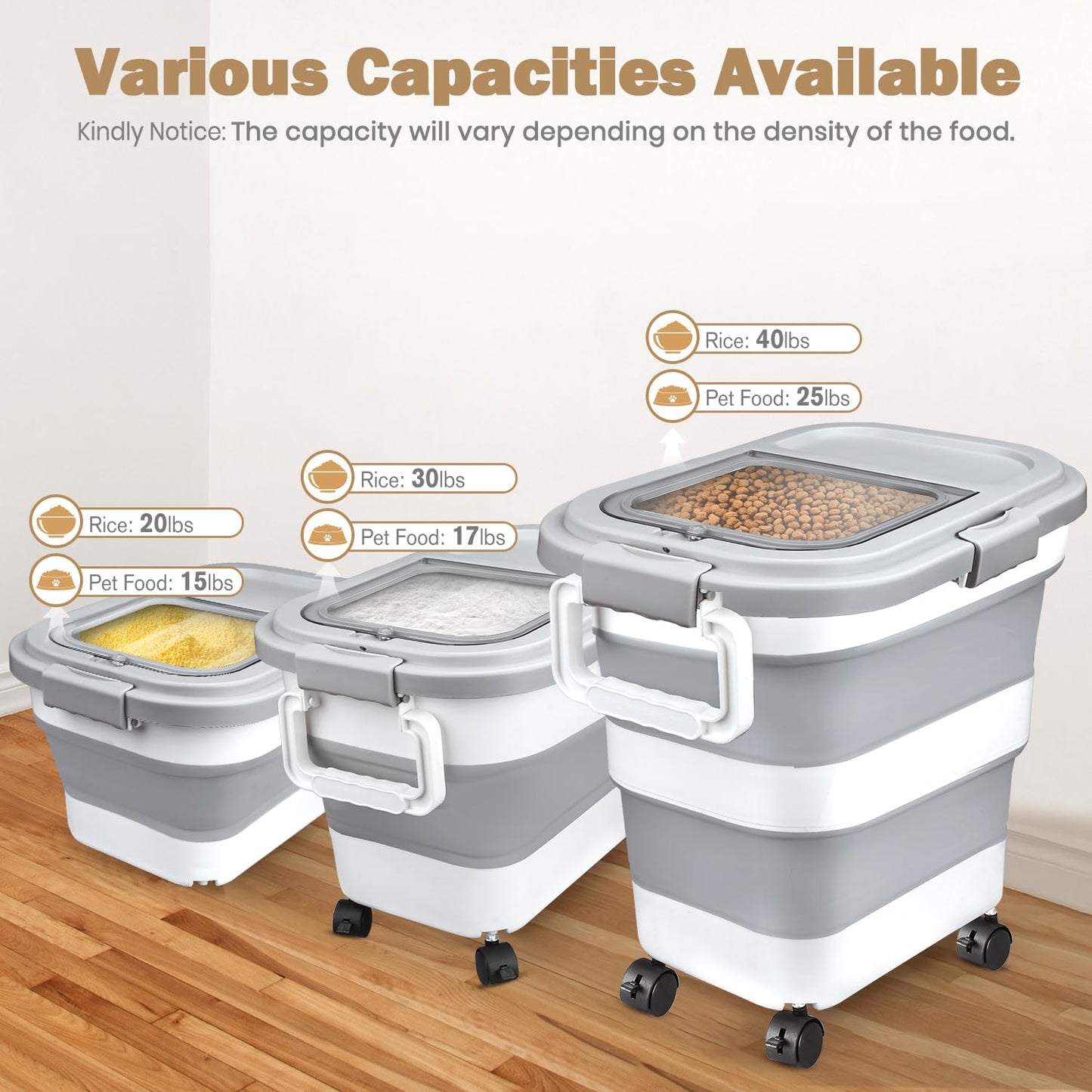 Komzon Rice Storage Container, Collapsible Airtight 10-40 Lb Rice Storage Container, 25lb Pet Dog Food Storage Container, Rice Dispenser Bin with Cup and Scoop for Flour Cereal Pasta Grain, Cat Bird