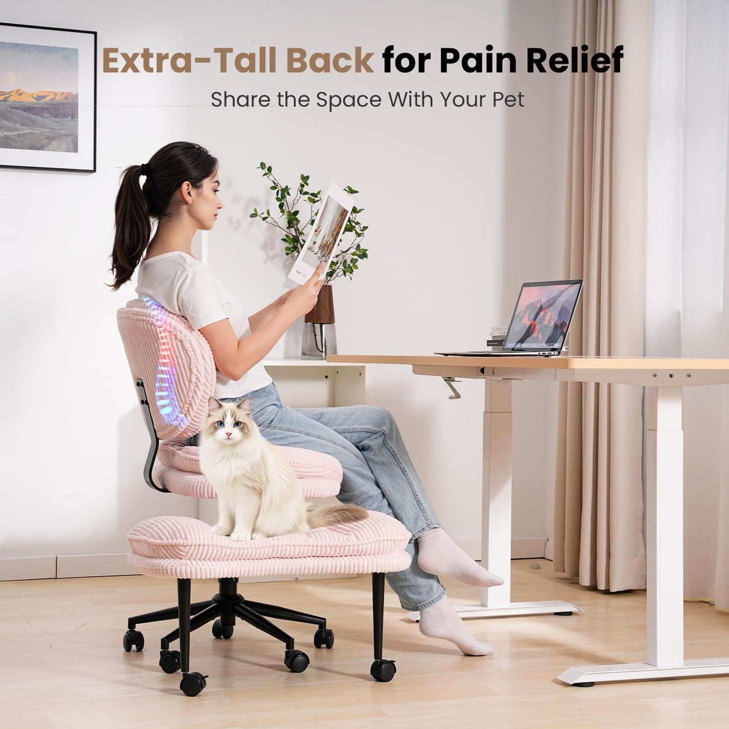 HOMRELEXA Extra-Wide & Tall Cross-Legged Office Chair – Deeply-Padded Cloud Seat, Ergonomic Back Support, Adjustable Height for ADHD & Meditation, Pink