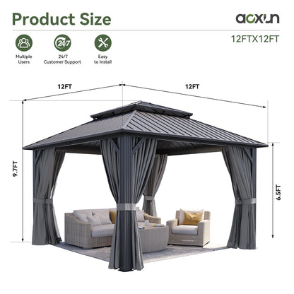 Aoxun 12Ft X 12Ft Hardtop Gazebo, Aluminum Metal Outdoor Gazebo with Breathable Netting and Curtains, Galvanized Steel Double Top, Permanent Patio Pavilion for Backyard, Wedding, Party