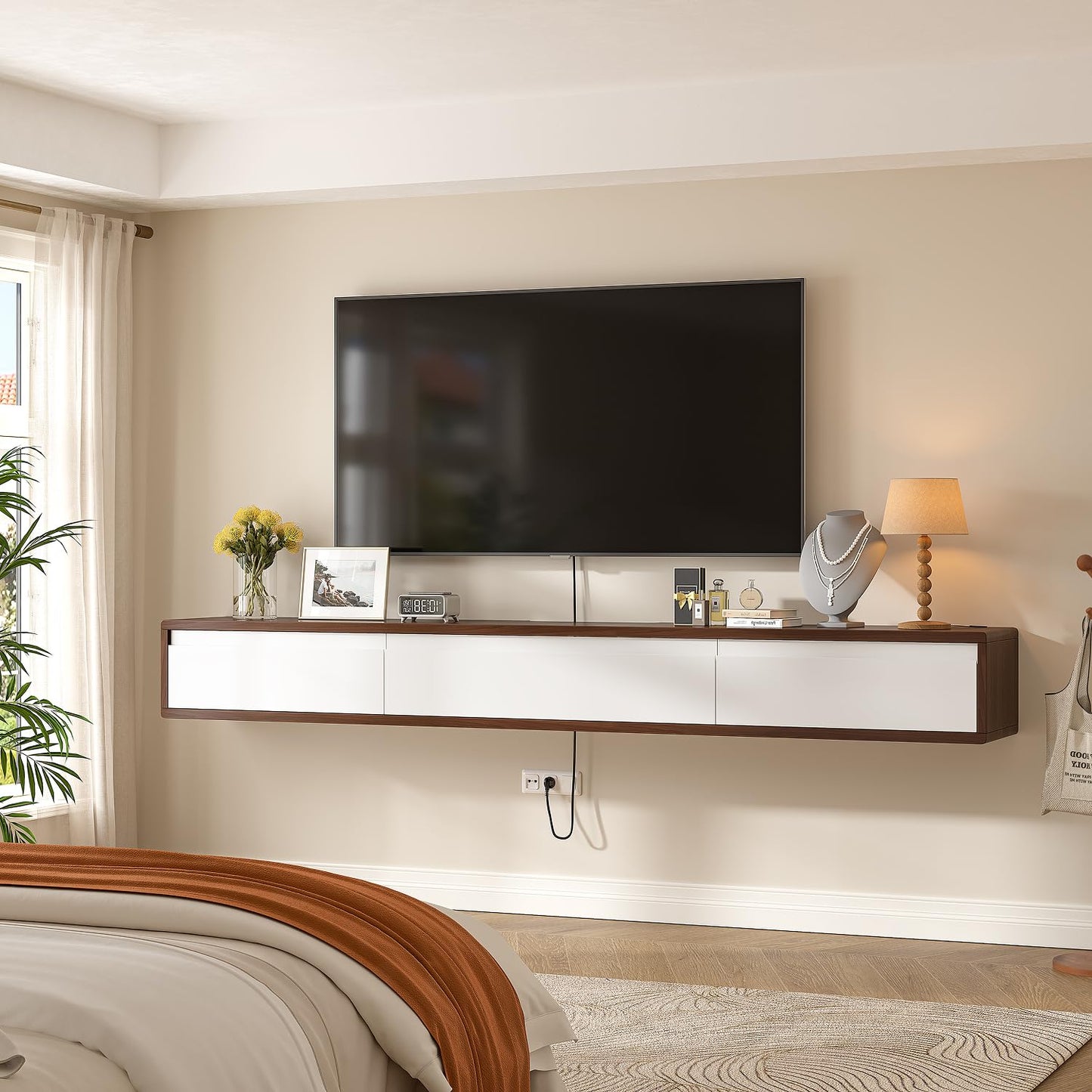 FurniNova Fully Assembled Floating TV Stand, Modern Plywood Media Console with 2 Drawers & 1 Flip Door, Wall Mounted Entertainment Center with High Gloss Finish & Round Edges, 55 inch, Walnut & White