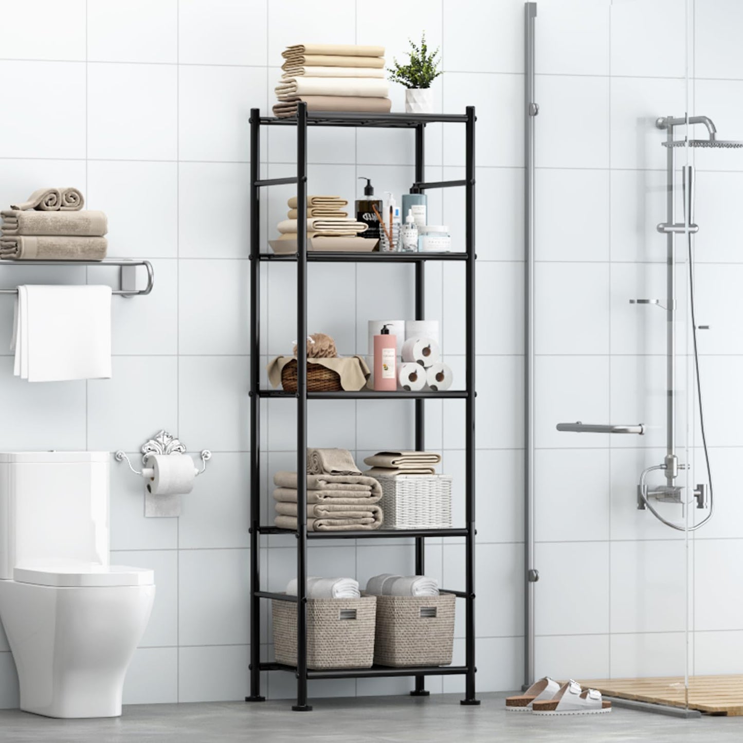 Sakugi Storage Shelves - Set of 2, 5-Tier Metal Shelf Organizer, Space-Saving Garage Shelving with Leveling Feet, Standing Shelves Organizer for Kitchen, Laundry, Pantry (18.4" x 12.6" x 57.4", Black)