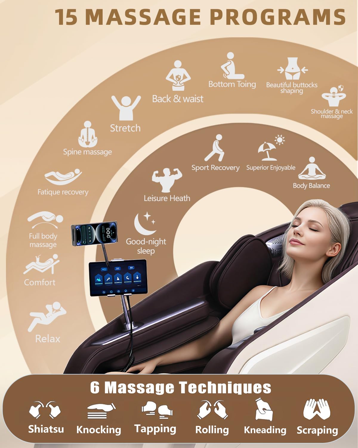 RelaxRelife Full Body Zero Gravity Massage Chair with Body Scan 4D Intelligent Shiatsu Strecth Massage, Back/Leg Heated with AI Voice Control Bluetooth Speaker Airbags SL Track Massage Coffee