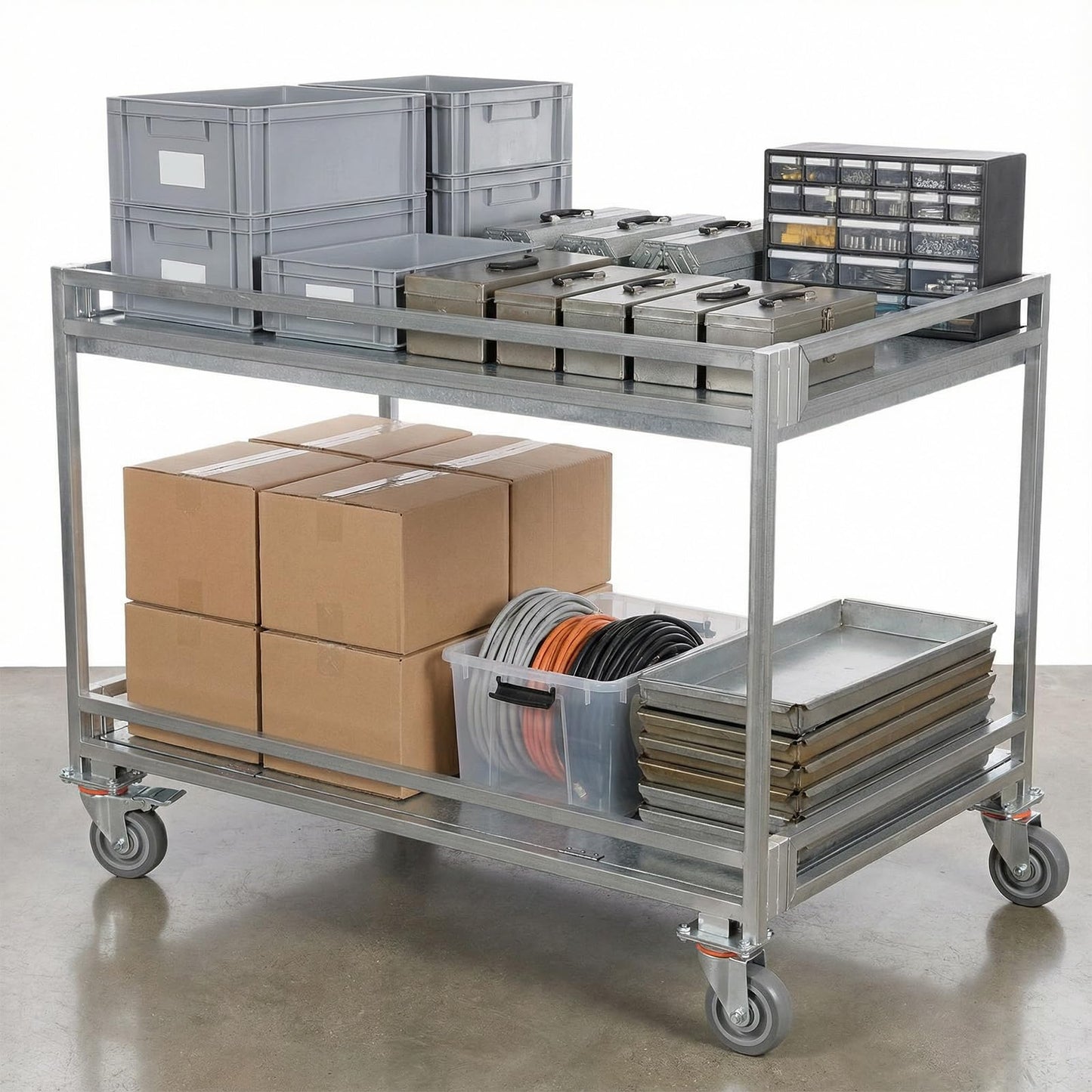 OssifragaBone 2 Shelf Rolling Cart Collapsible Steel Rolling Utility Cart with Wheels 660lbs Capacity with Handle for Warehouse/Garage/Cleaning/Manufacturing