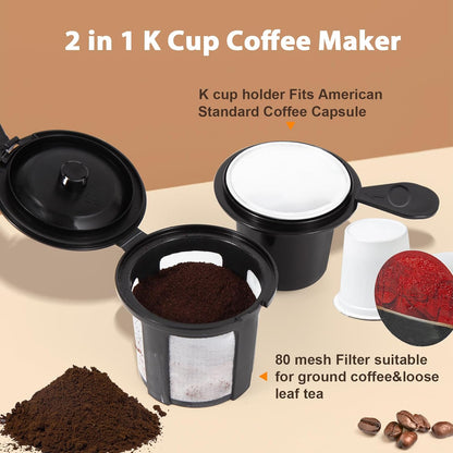 2 1 (6-14Oz), 800W in Single Serve Kcup Coffee Maker Fast Brew, Compact Design with Reusable Filter, One-Button Auto