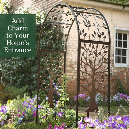 Plow & Hearth Arch Metal Outdoor Garden Arbor | Tree of Life | 83 Inches Tall | Black | Steel Trellis Lattice for Plants & Heavy Vines | Wedding | Outdoor Patio Décor