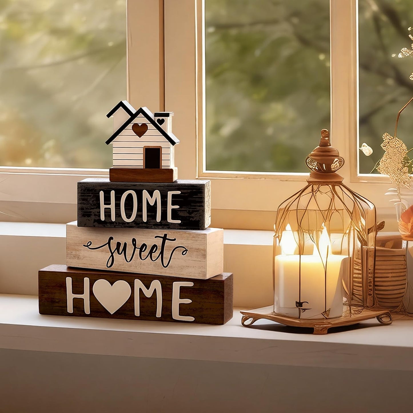 Cinnvoice 4 Pcs Woodhouse Wooden Block Decor Farmhouse Tiered Tray Signs Home Sweet Home Tabletop Centerpiece for Kitchen Shelf Decoration Housewarming Gifts