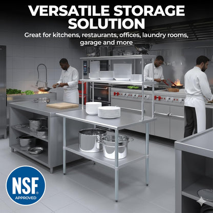 KPS Stainless Steel 2-Tier Overshelf – 14" x 48" NSF Certified Adjustable Double Shelf for Commercial Kitchen Prep Tables