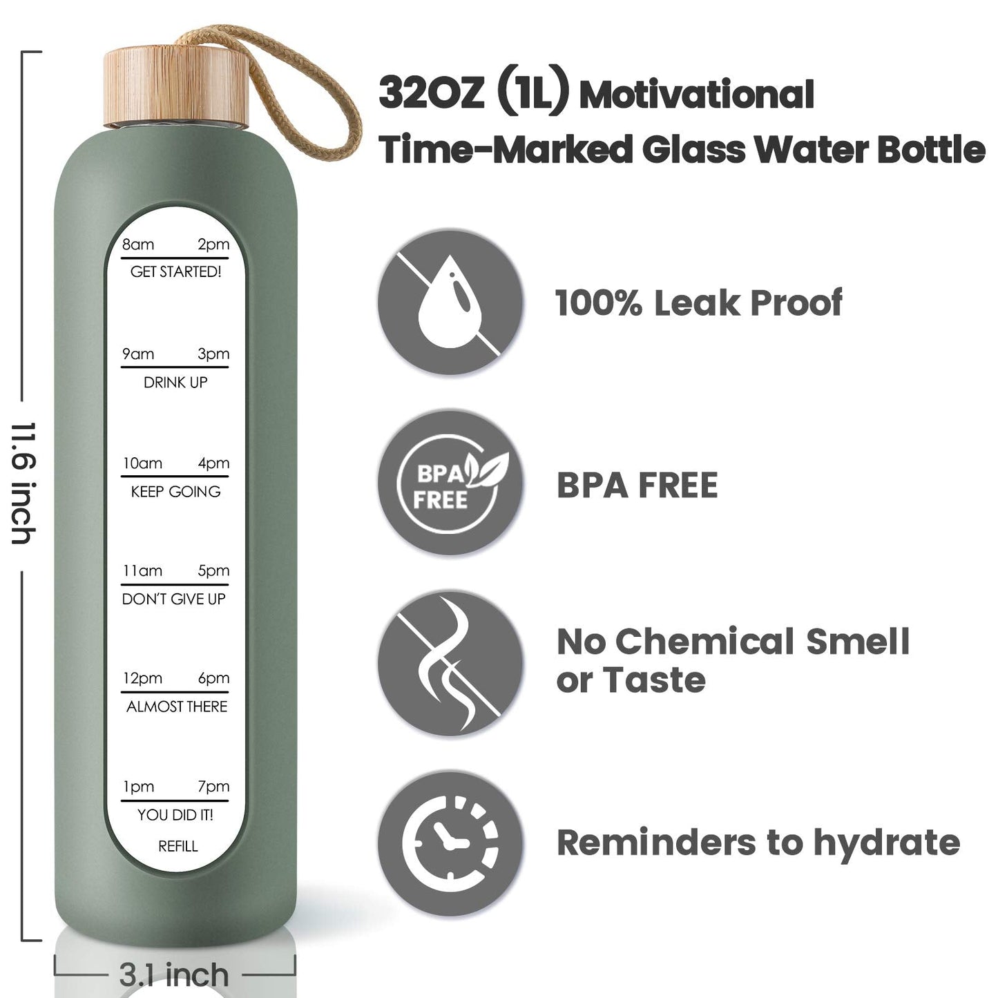 PROBTTL 32 Oz Borosilicate Glass Water Bottle with Time Marker Reminder Quotes, 1 Liter Leak Proof Reusable BPA Free Motivational Water Bottles with Silicone Sleeve and Bamboo Lid (Olive)