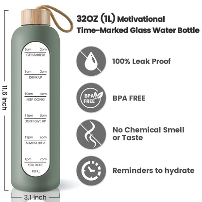 PROBTTL 32 Oz Borosilicate Glass Water Bottle with Time Marker Reminder Quotes, 1 Liter Leak Proof Reusable BPA Free Motivational Water Bottles with Silicone Sleeve and Bamboo Lid (Olive)