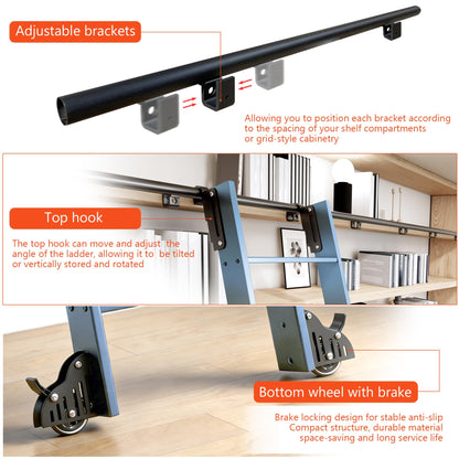 DIYHD 96" Sliding Library Ladder with 8 Steps, Telescopic Top Hook, Lightweight Rolling Ladder with Upright Space-Saving Storage, Kit with 4FT Sliding Rail, Bottom Rollers, 300lbs Capacity, Blue