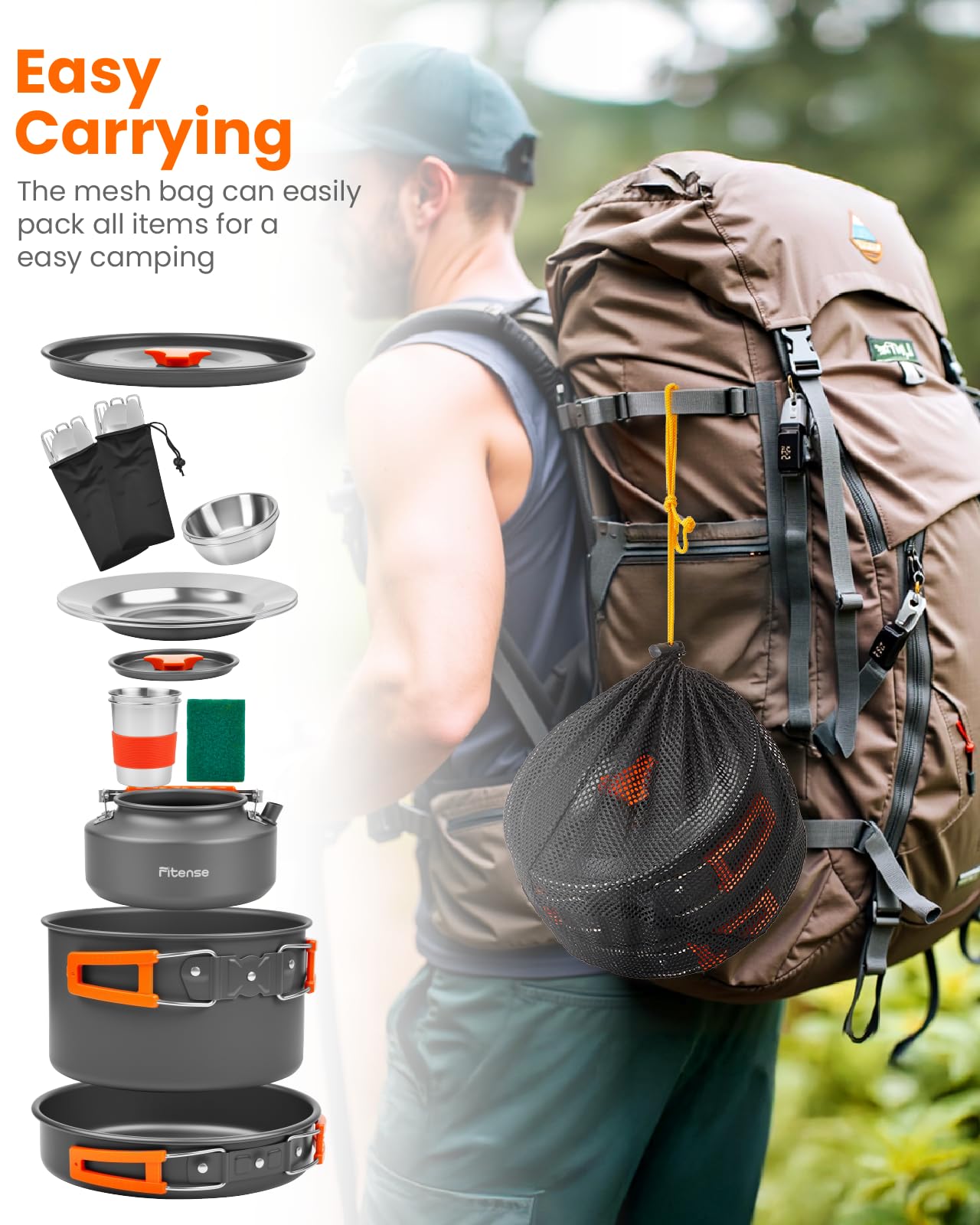 Fitense 21Pcs Camping Cookware Mess Kit for 2, Lightweight Camping Kitchen Pots and Pans Set, Portable Cooking Essentials for Backpacking, Hiking and Picnic