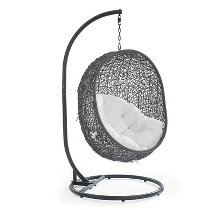 Modway Hide Wicker Rattan Outdoor Patio Porch Lounge Egg Swing Chair Set with Stand in Gray White