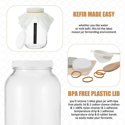 Honeydak 16 Pcs Complete Kefir Starter Kit Kombucha Fermenter Kit Gallon 128oz Mason Jar Wide Mouth with Plastic Storage Lid Nylon Mesh Strainer Cotton Cloth Cover and Wood Spoon