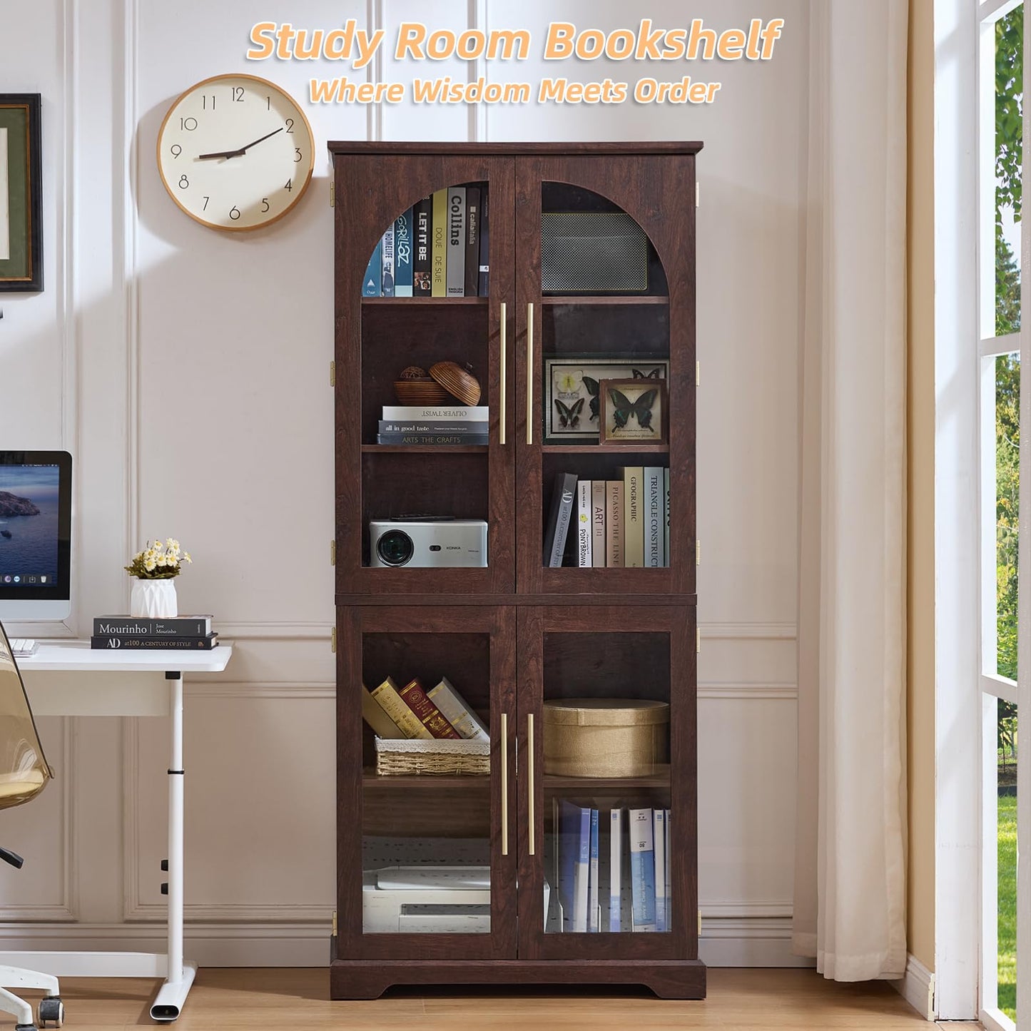 Joaxswe 72" Tall Bookshelf Set of 2, Farmhouse Bookcase with 3-Tier Adjustable Shelves, Modern Living Room Display Cabinet with Glass Doors, Large Storage Cabinet for Home Office,Dining Room, Walnut