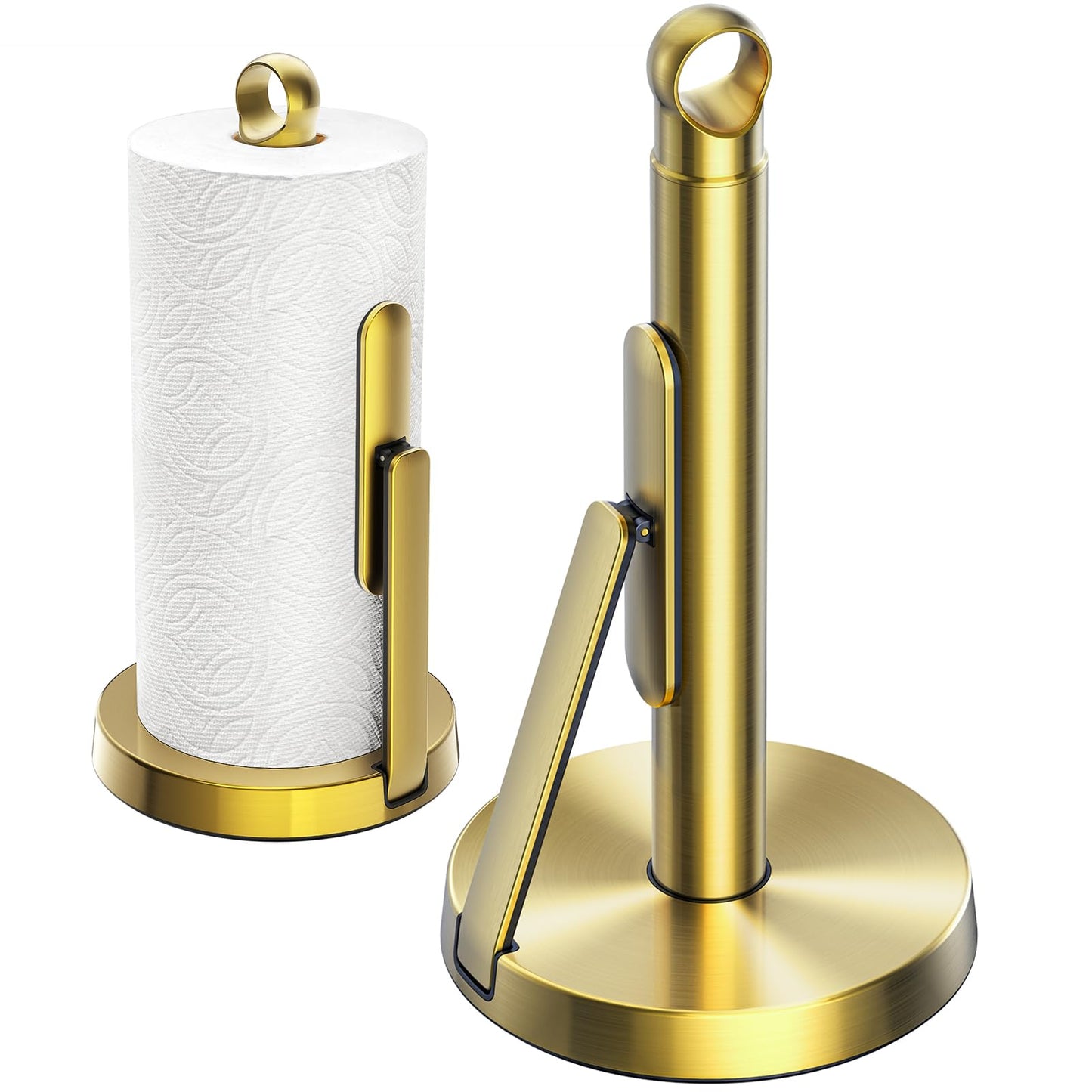 theaoo Heavy-Duty Stainless Steel Paper Towel Holder with Tension Arm – Easy One-Handed Tear, Modern Standing Countertop Dispenser for Kitchen, Holds All Paper Towel Rolls (1, Gold)