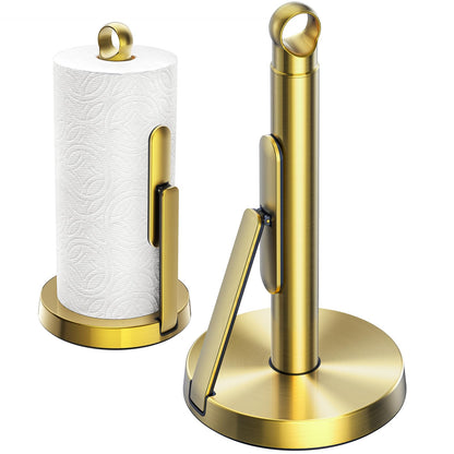 theaoo Heavy-Duty Stainless Steel Paper Towel Holder with Tension Arm – Easy One-Handed Tear, Modern Standing Countertop Dispenser for Kitchen, Holds All Paper Towel Rolls (1, Gold)
