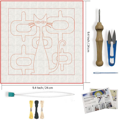 FREEBLOSS DIY Punch Needle Kit Abstract Cat Punch Needle Embroidery Wall Hanging Painting Punching Needles Starter Kit for Beginners with Complete Tools, Already Framed, 9.4x9.4inch